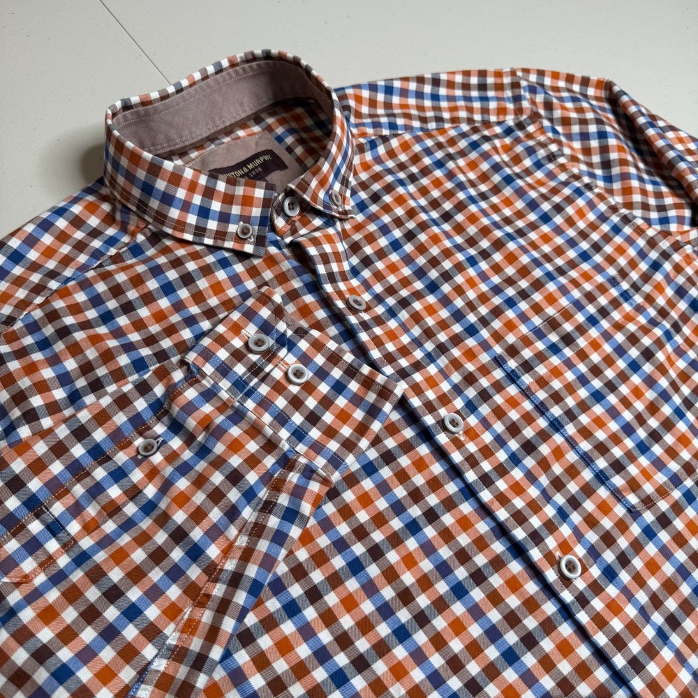 Johnston & Murphy Mens Medium Orange Blue Gingham Check Cotton Button Down Shirt